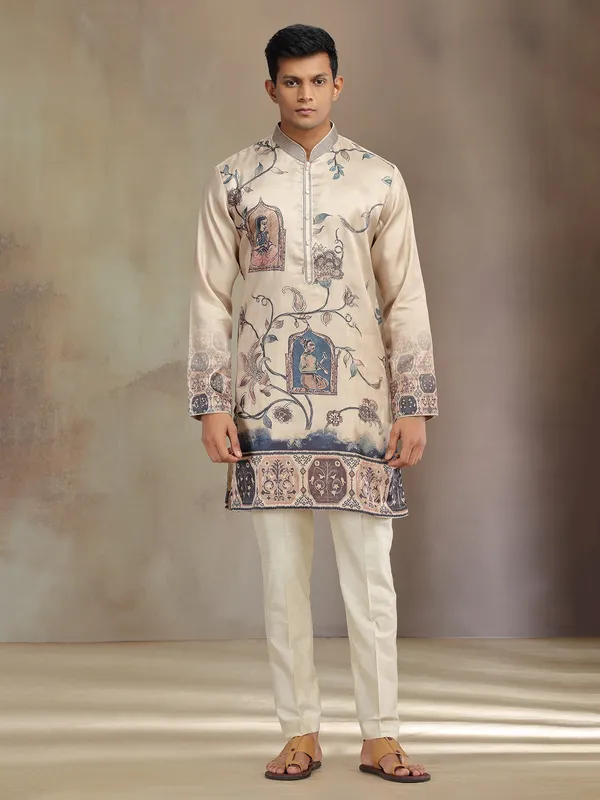 Cream printed festive wear tusser silk kurta pajama
