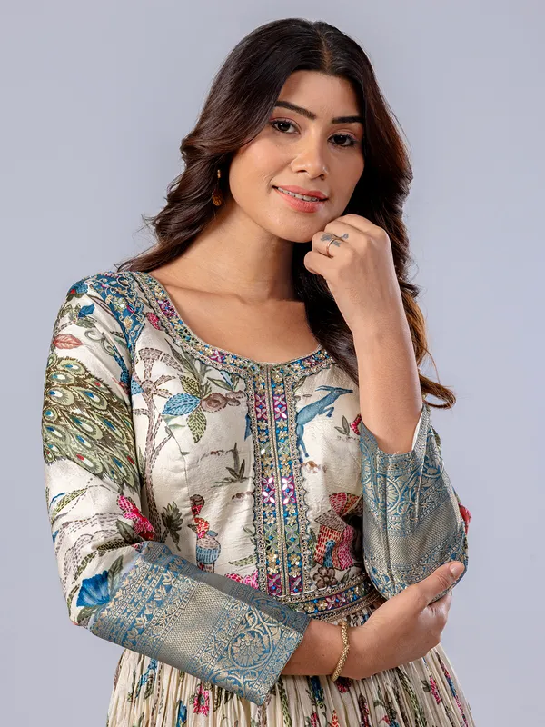 Cream printed floor length anarkali suit