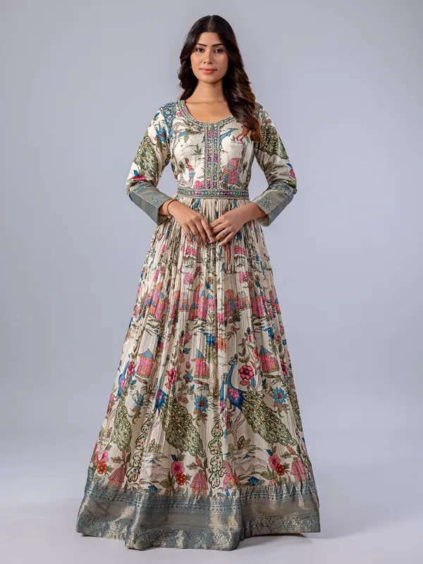 Cream printed floor length anarkali suit