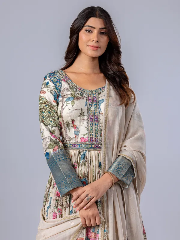 Cream printed floor length anarkali suit