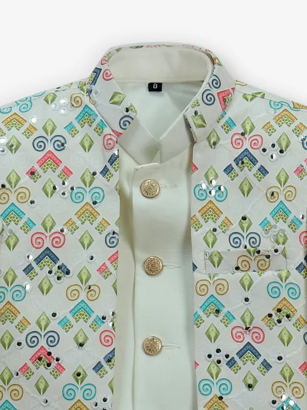 Cream printed indo-western set for boys