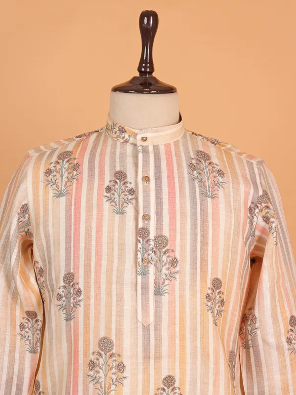 Cream printed kurta for men