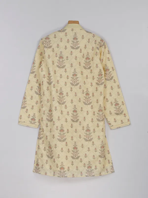 Cream printed kurta suit in silk