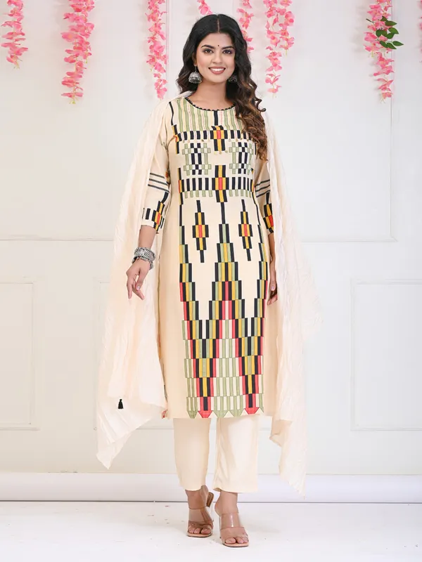 Cream printed kurti set in cotton