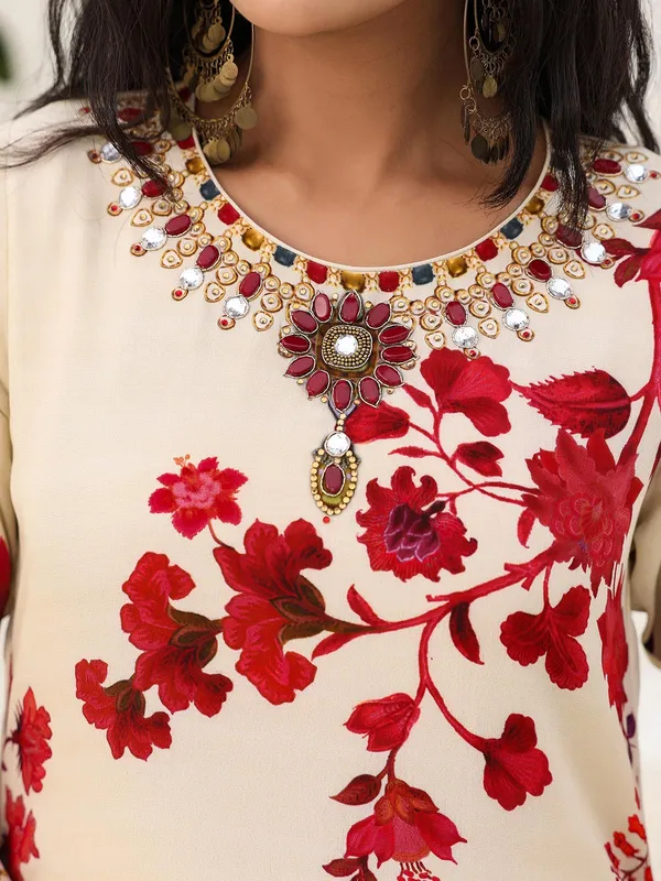 Cream printed kurti set in crepe