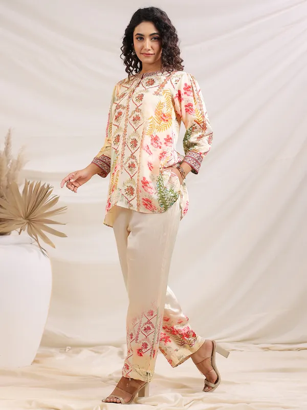 Cream printed linen co-ord set for women