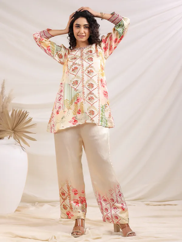 Cream printed linen co-ord set for women