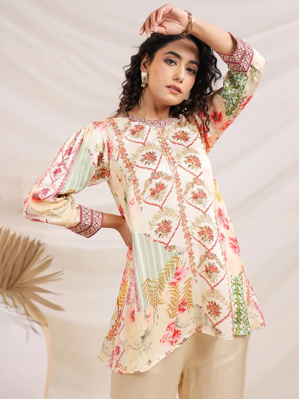 Cream printed linen co-ord set for women