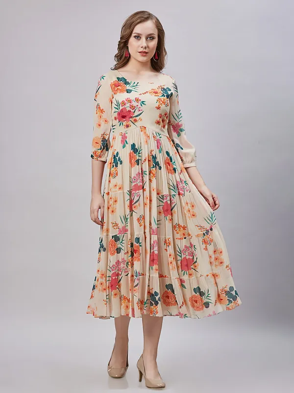 Cream printed long kurti in silk