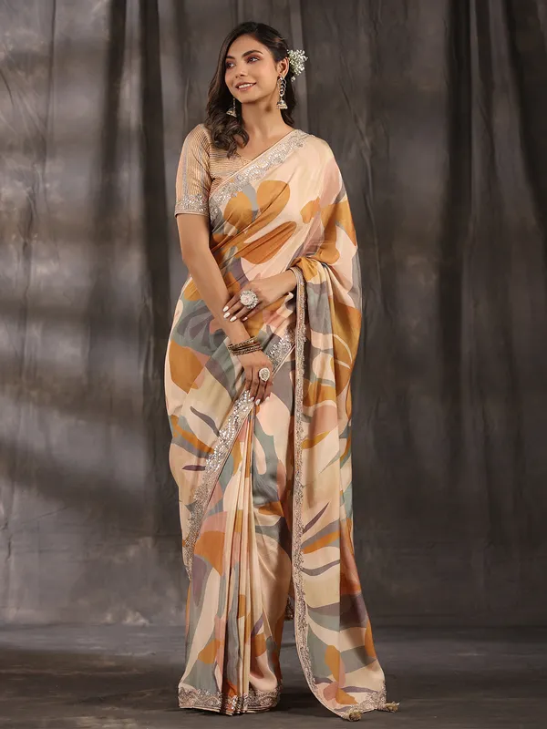 Cream printed muslin saree for festive