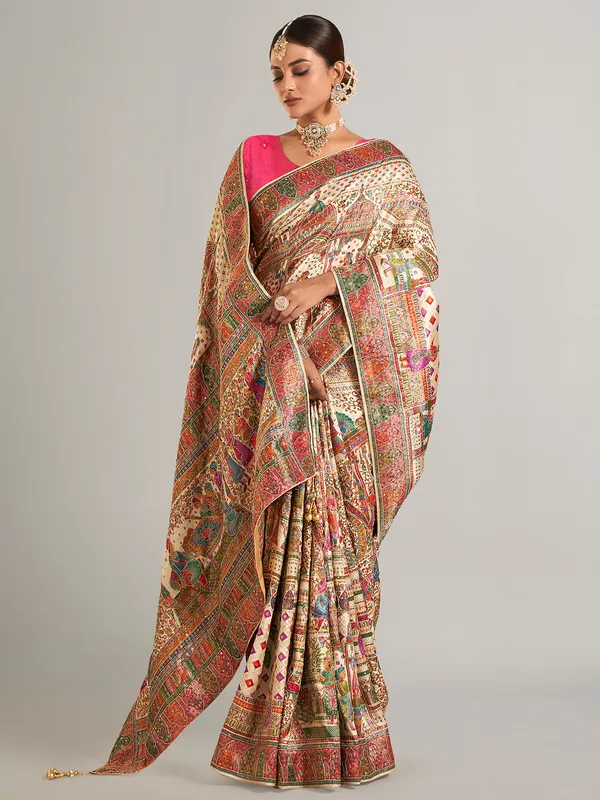 Cream printed pashmina silk saree