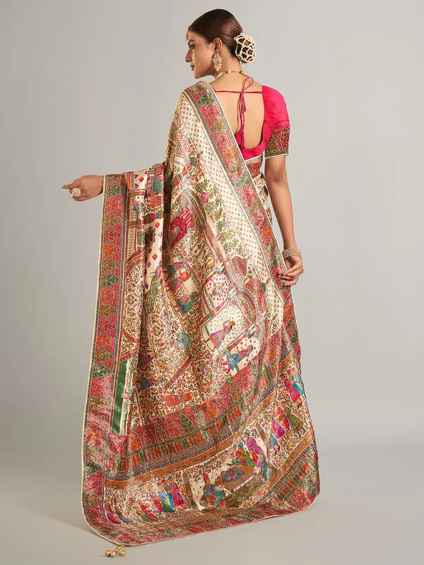 Cream printed pashmina silk saree