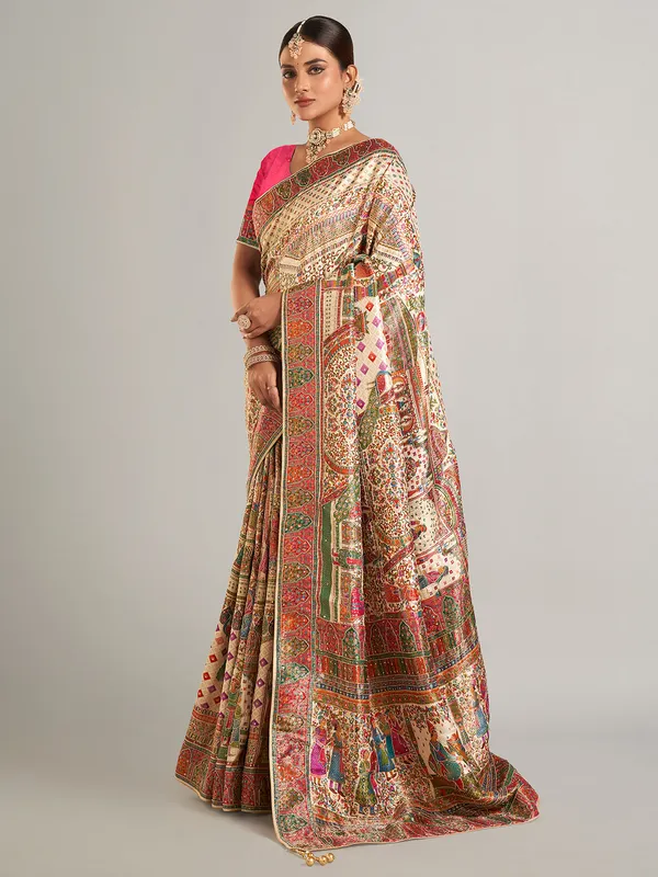 Cream printed pashmina silk saree