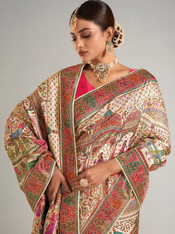 Cream printed pashmina silk saree