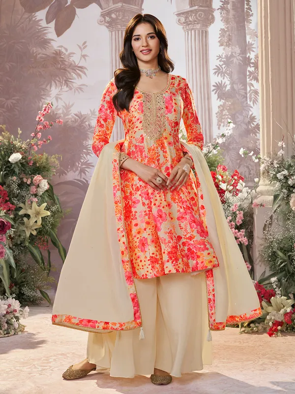 Cream printed salwar suit for women