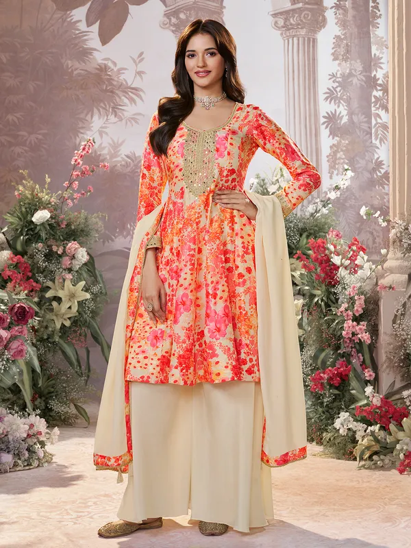 Cream printed salwar suit for women