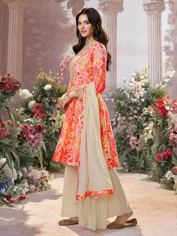 Cream printed salwar suit for women