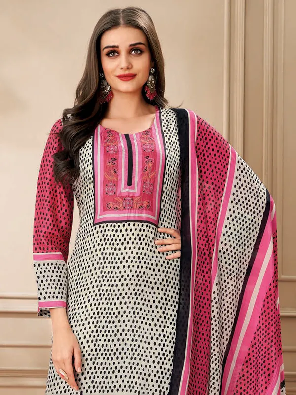 Cream printed salwar suit in soft dola silk