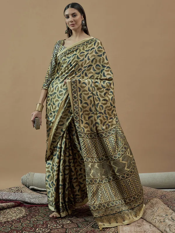Cream printed saree in japan satin