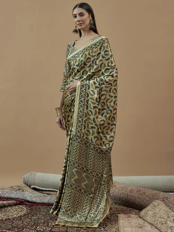 Cream printed saree in japan satin