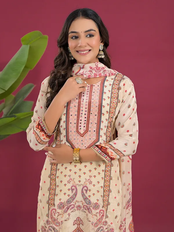 Cream printed silk festive kurti set