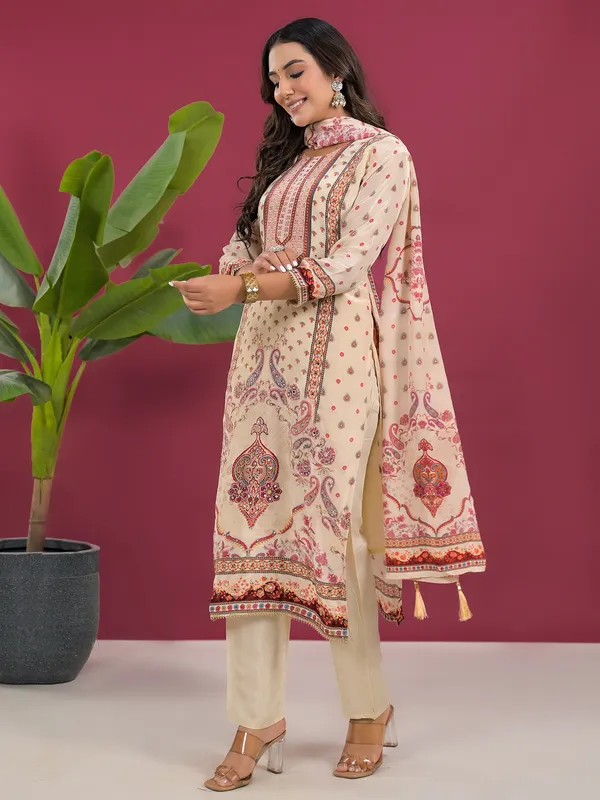 Cream printed silk festive kurti set