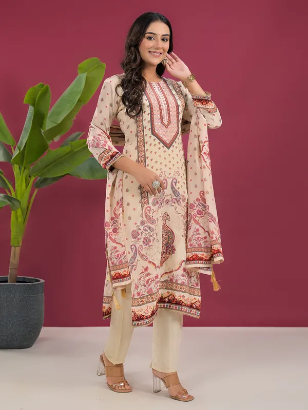 Cream printed silk festive kurti set