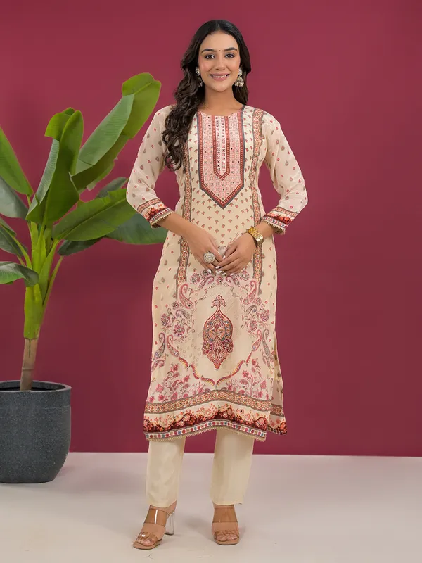 Cream printed silk festive kurti set