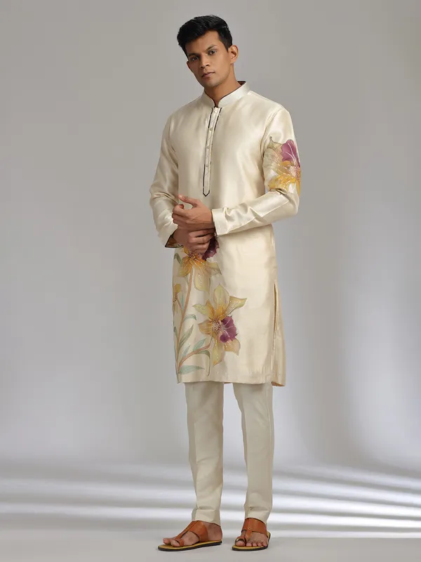 Cream printed tusser silk kurta pajama with sequins and beads