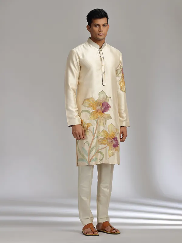 Cream printed tusser silk kurta pajama with sequins and beads