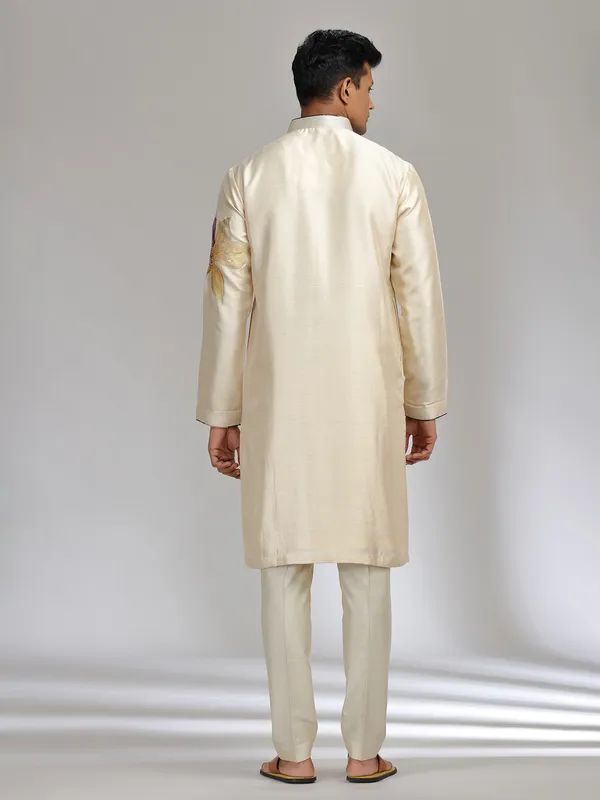 Cream printed tusser silk kurta pajama with sequins and beads