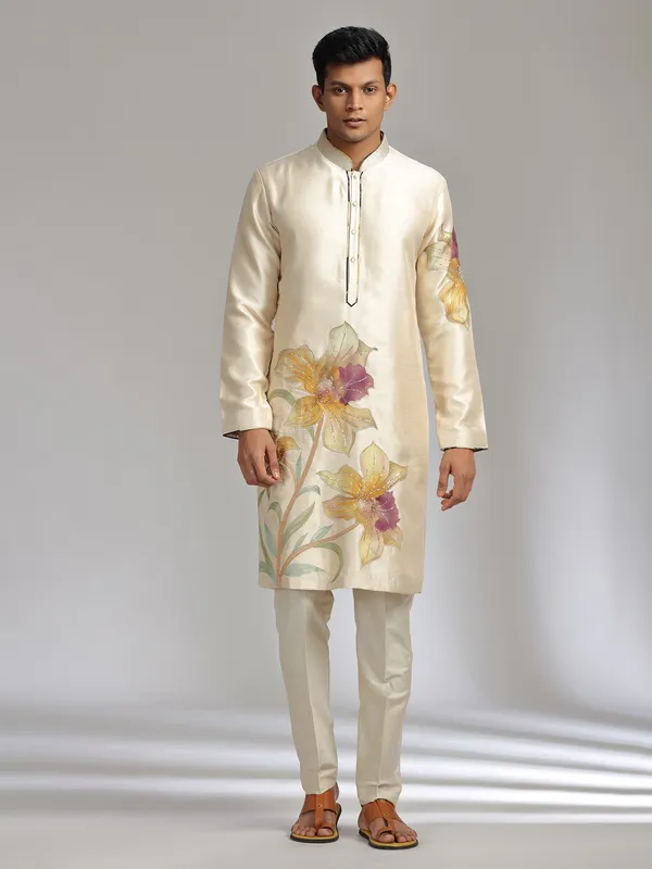 Cream printed tusser silk kurta pajama with sequins and beads