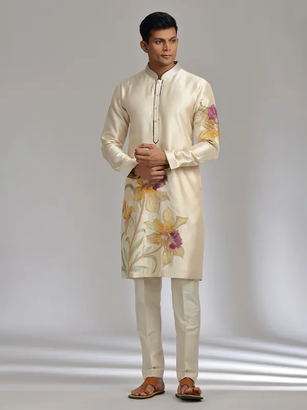 Cream printed tusser silk kurta pajama with sequins and beads