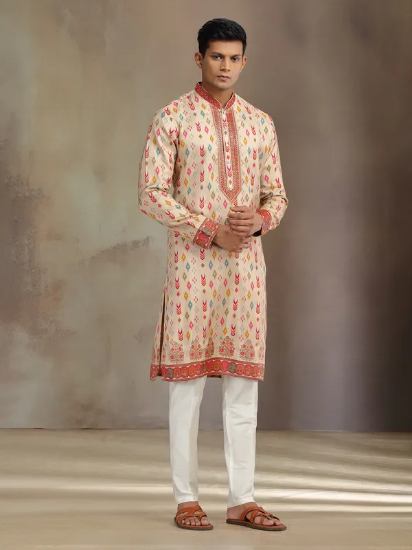 Cream printed silk kurta suit for festive wear
