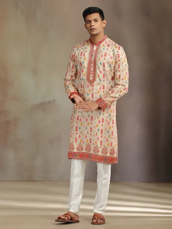 Cream printed silk kurta suit for festive wear