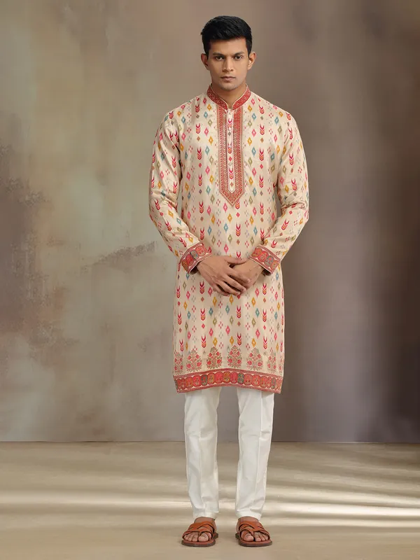Cream printed silk kurta suit for festive wear