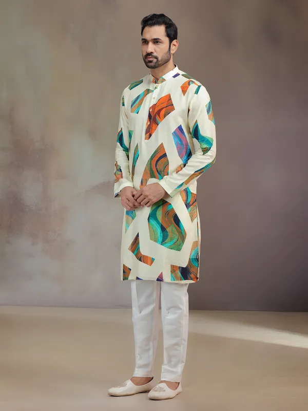 Cream printed silk kurta suit for men
