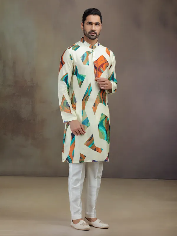 Cream printed silk kurta suit for men