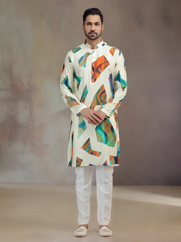 Cream printed silk kurta suit for men