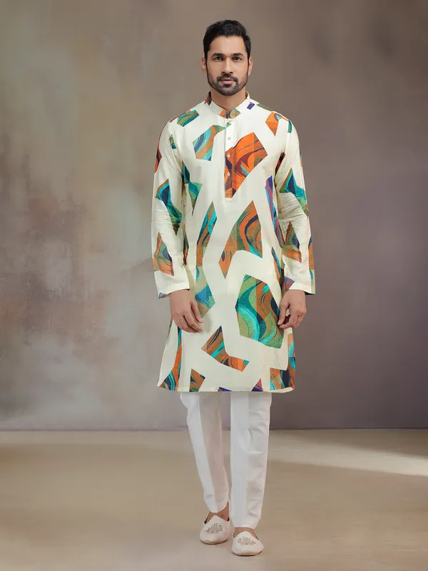 Cream printed silk kurta suit for men