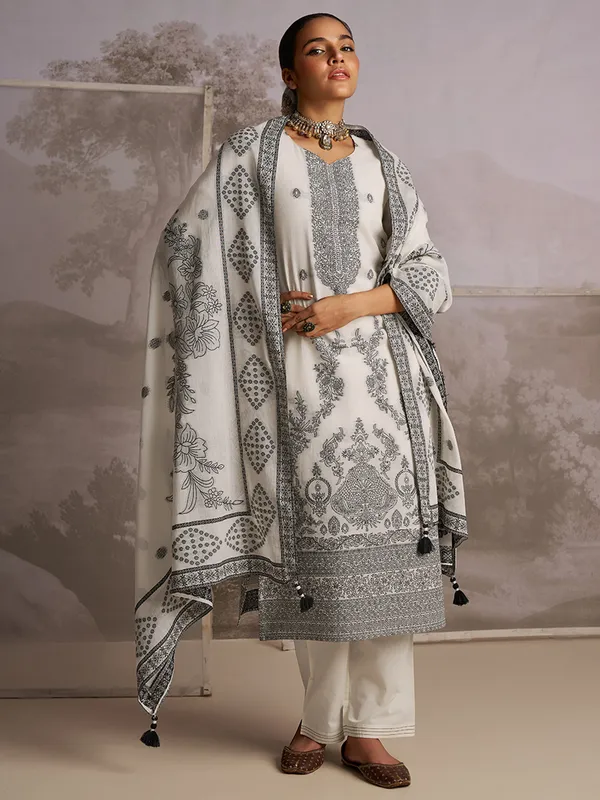Cream printed silk kurti set for festive