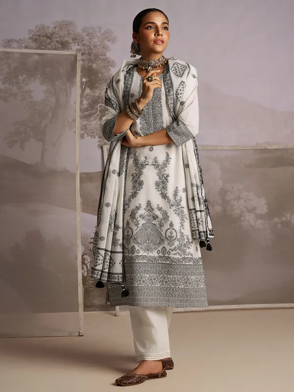 Cream printed silk kurti set for festive