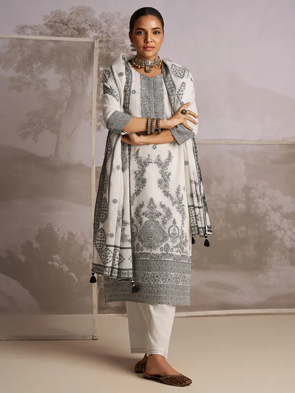 Cream printed silk kurti set for festive