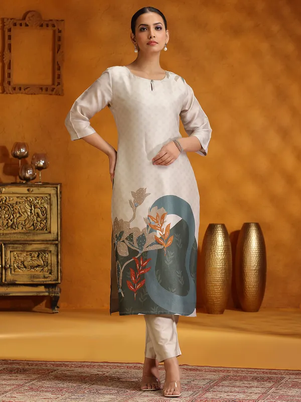 Cream printed silk kurti set for festive wear