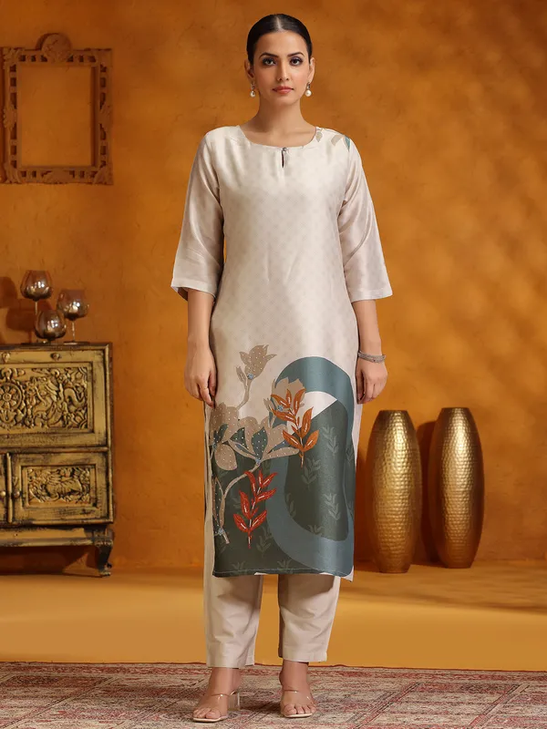 Cream printed silk kurti set for festive wear