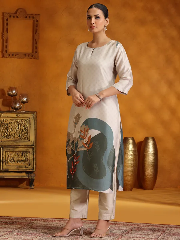 Cream printed silk kurti set for festive wear