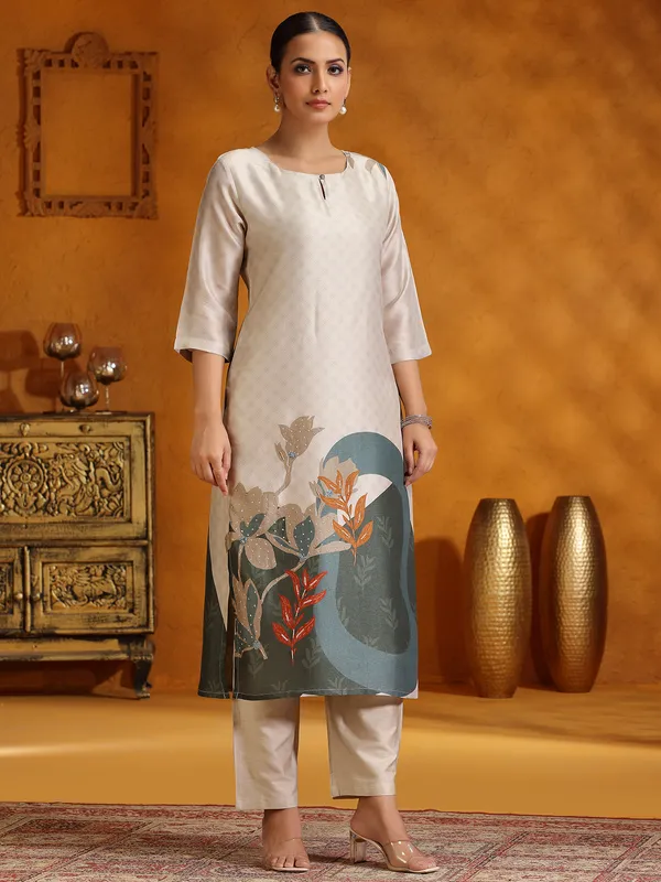 Cream printed silk kurti set for festive wear