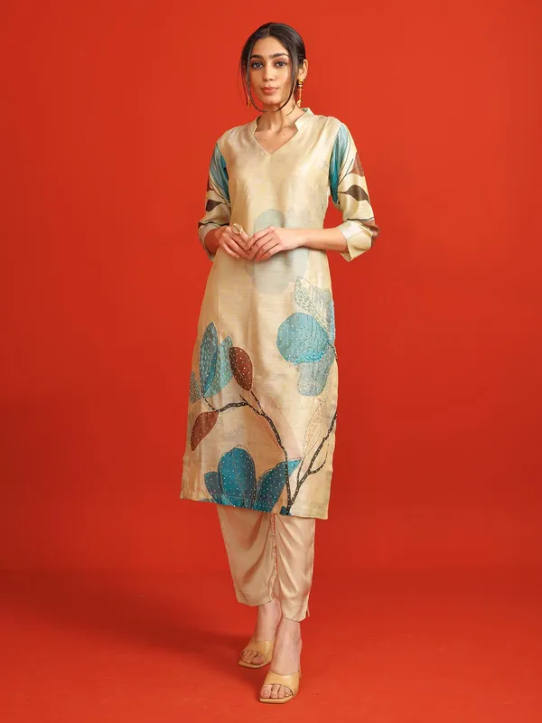 Cream printed silk kurti set for womenc
