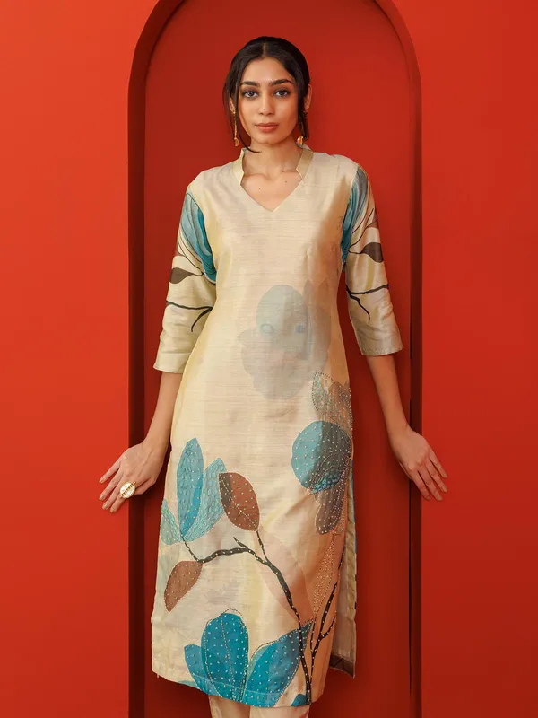 Cream printed silk kurti set for womenc