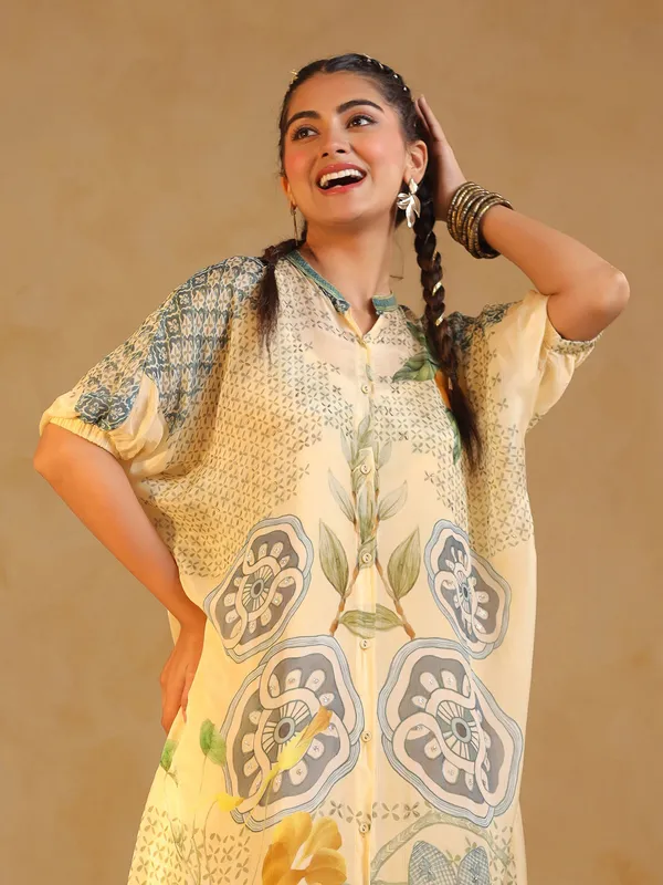 Cream printed silk kurti set with cutdana work